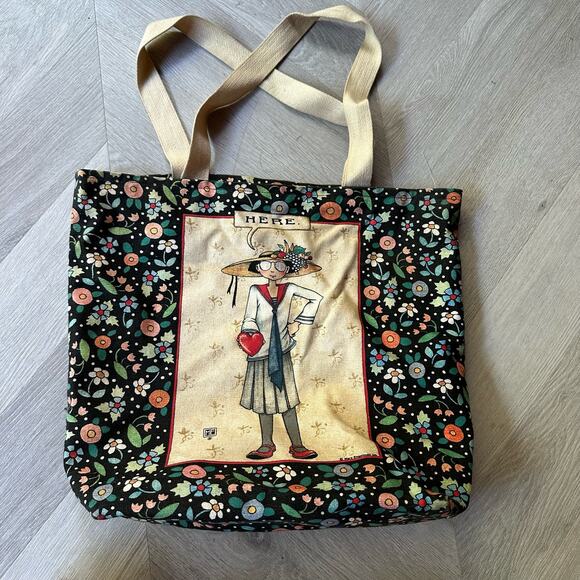 ME Mary Engelbreit Handbags - Mary Engelbreit Cloth Girl Heart Here Floral Tote Bag Shopping Sack Vintage